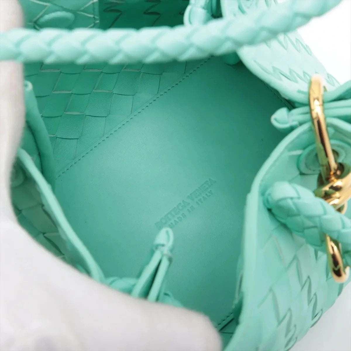 Pre-Loved Andiamo Handbag Intrecciato Leather Mini with Gold Hardware, Mint Green