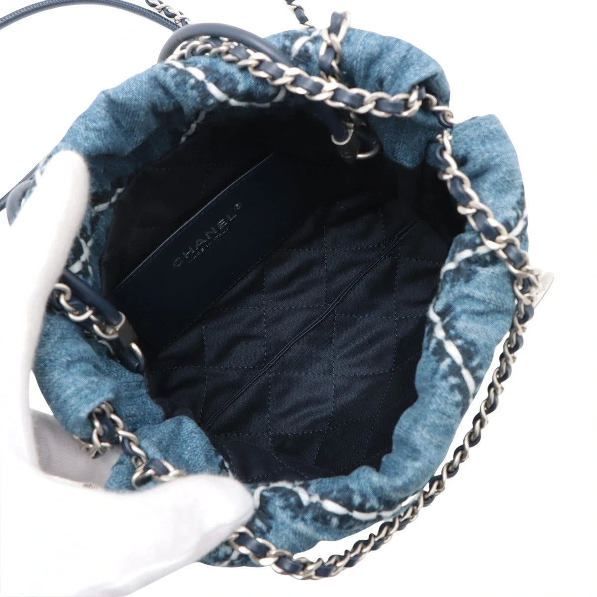 Pre-Loved Chanel 22 Tote Quilted Denim Mini with Silver Hardware, Blue