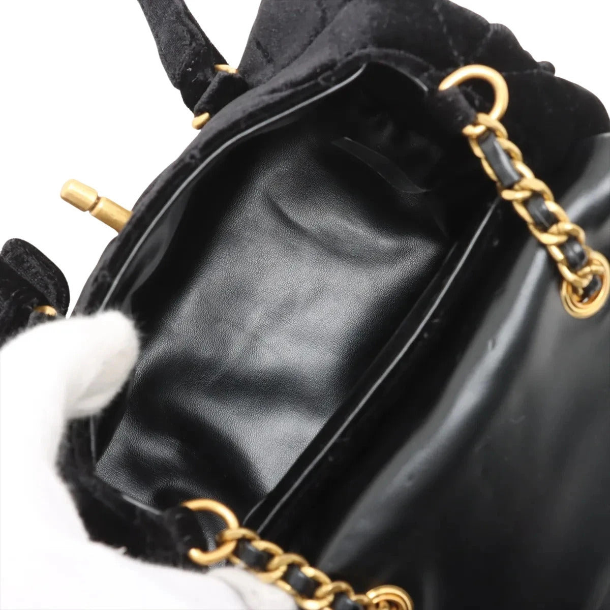 Pre-Loved Bowling Bag Handbag Quilted Velvet Mini with Aged Gold Hardware, Black