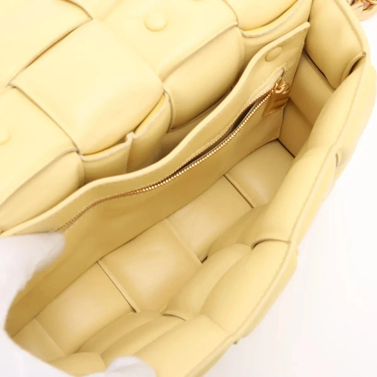 Pre-Loved Chain Cassette Shoulder Bag Intrecciato Leather with Gold Hardware, Pale Yellow