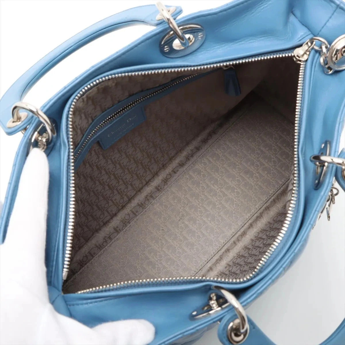 Pre-Loved Lady Dior Handbag Cannage Leather Large with Silver Hardware, Blue