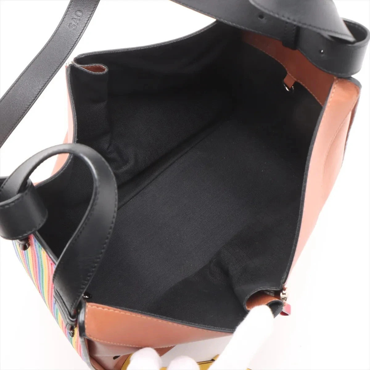 Pre-Loved Hammock Shoulder Bag Striped Leather Medium with Silver Hardware, Tan with Rainbow Multicolor