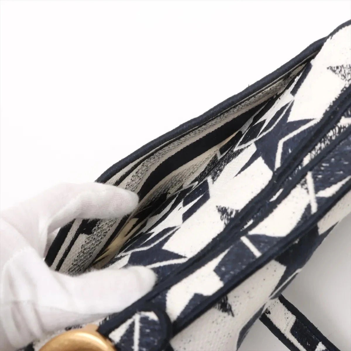Pre-Loved Saddle Shoulder Bag Star Canvas Medium with Aged Gold Hardware, Navy and White