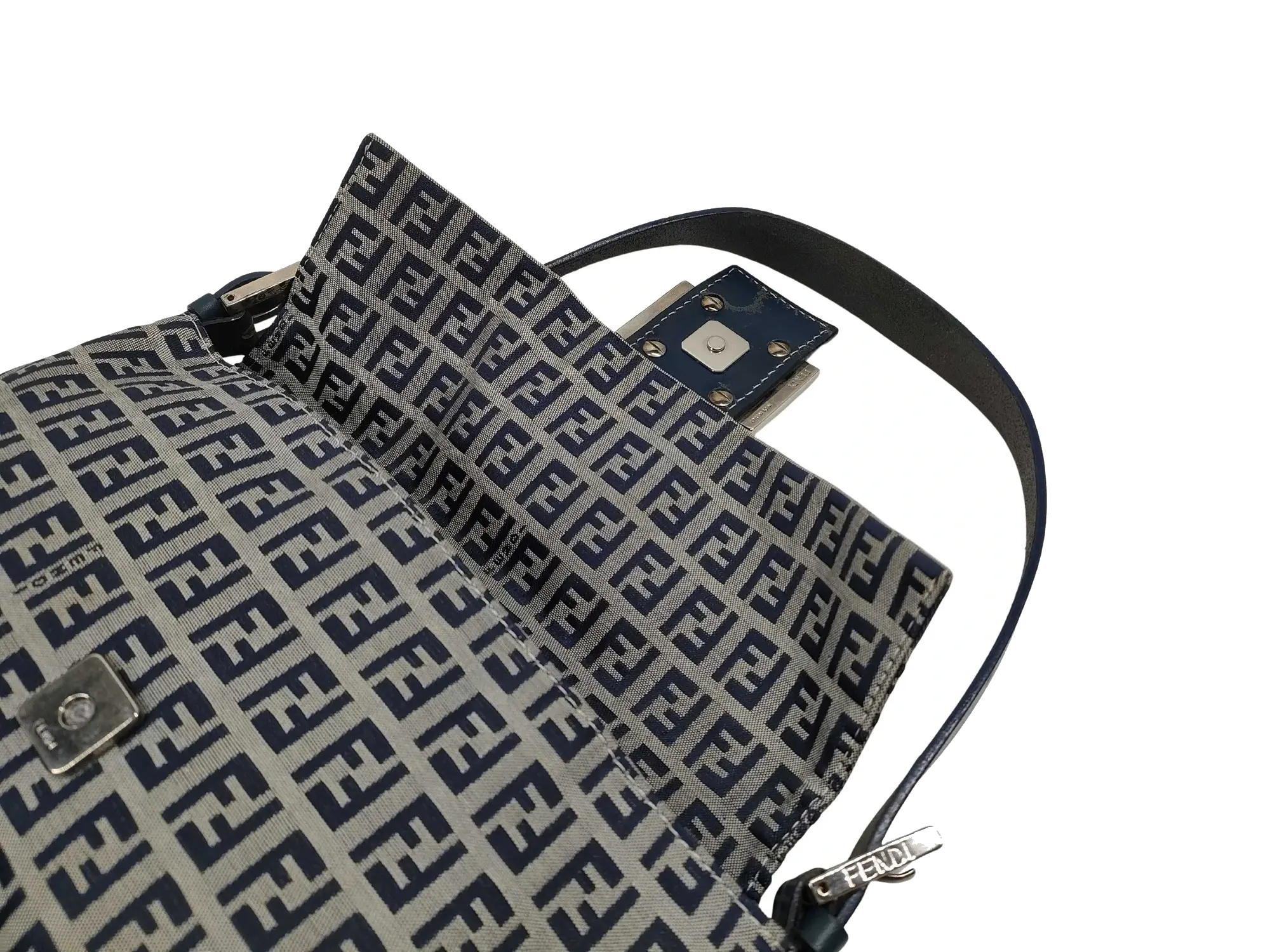 Pre-Loved Mamma Baguette Shoulder Bag Zucchino Canvas Coated with Silver Hardware, Navy and Grey