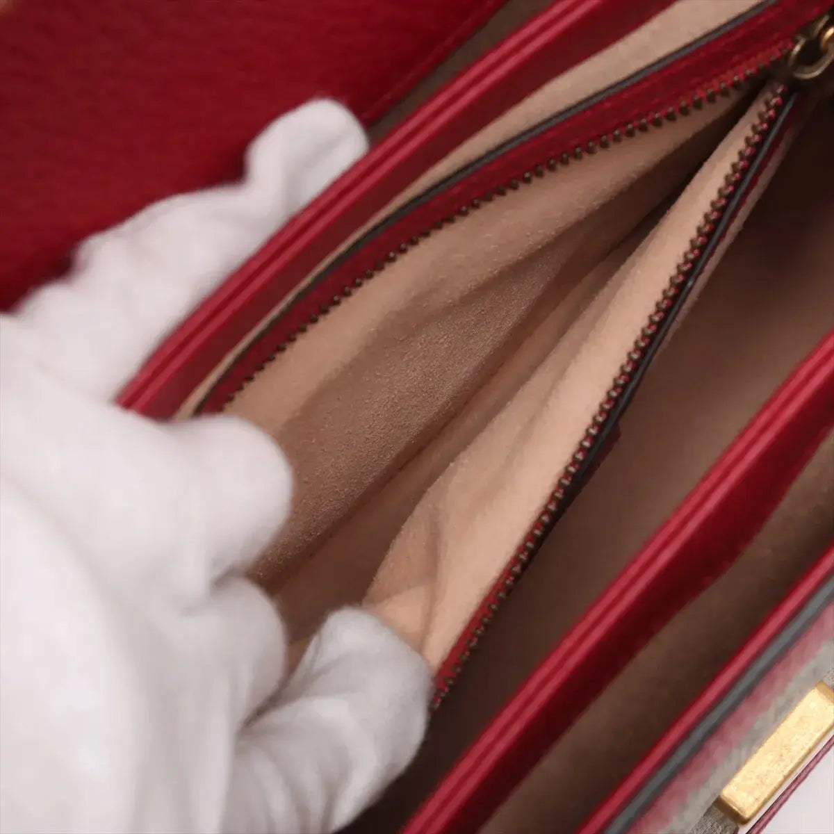 Pre-Loved Queen Margaret Handbag Monogram Coated Canvas Small with Aged Gold Hardware, Beige Ebony Red