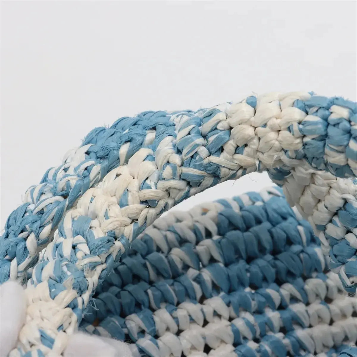 Pre-Loved Crochet Raffia Logo Tote Gingham Raffia Small with Gold Hardware, Light Blue and White