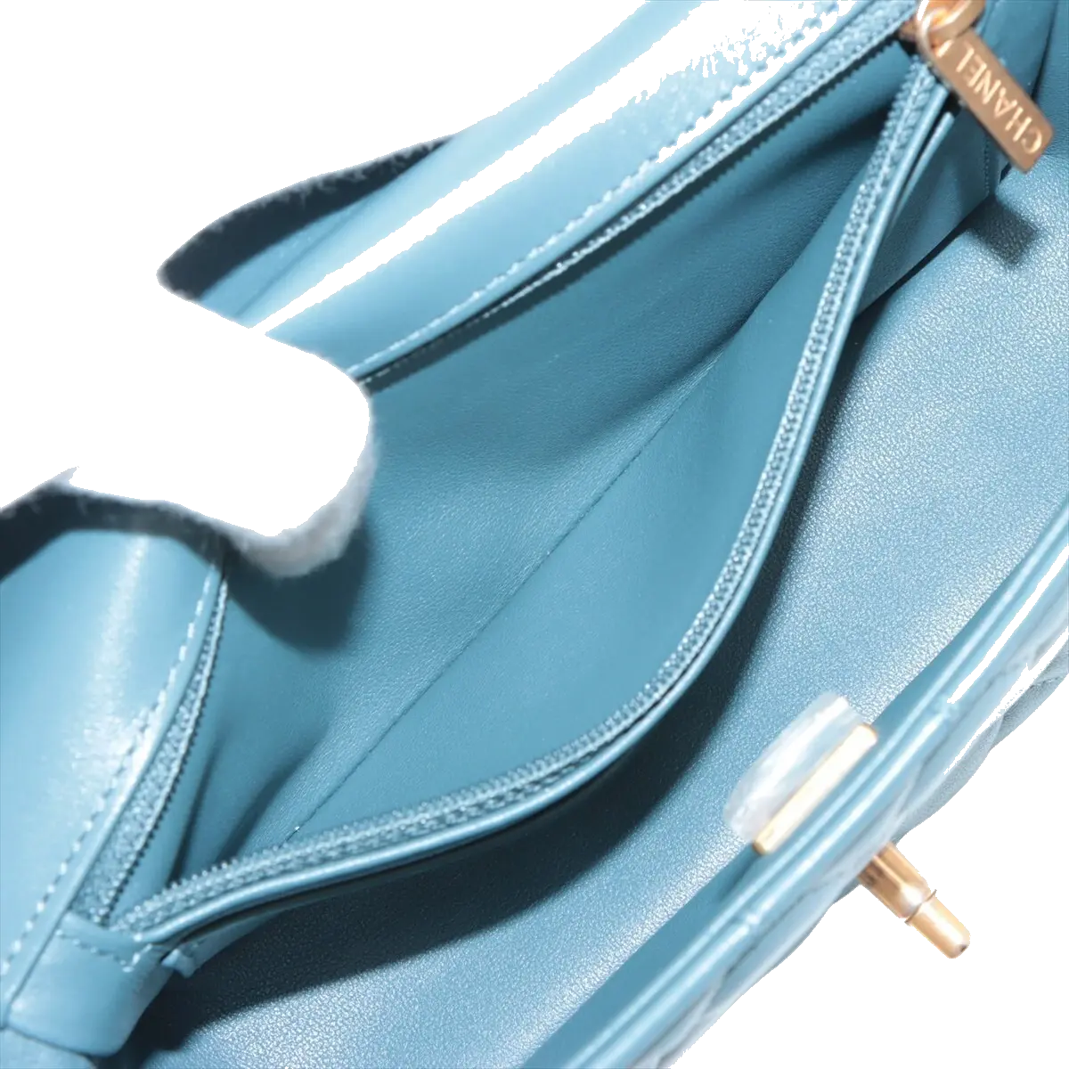 Pre-Loved Mini Flap Bag with Top Handle Handbag Quilted Leather Mini with Gold Hardware, Teal Blue