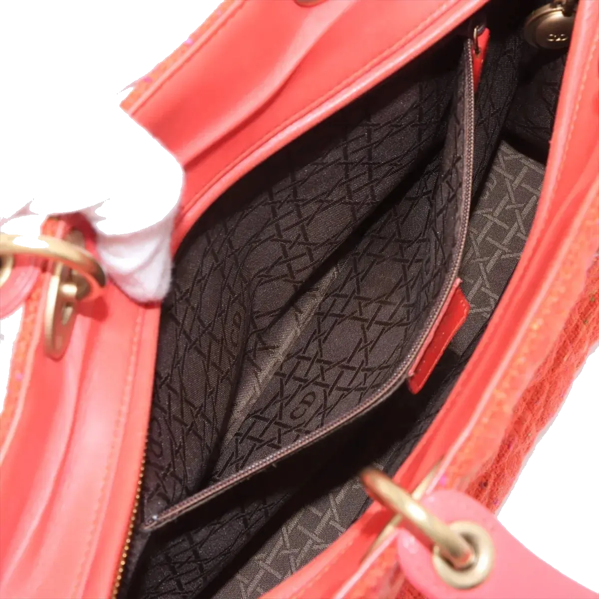 Pre-Loved Lady Dior Handbag Cannage Tweed Large with Gold Hardware, Red