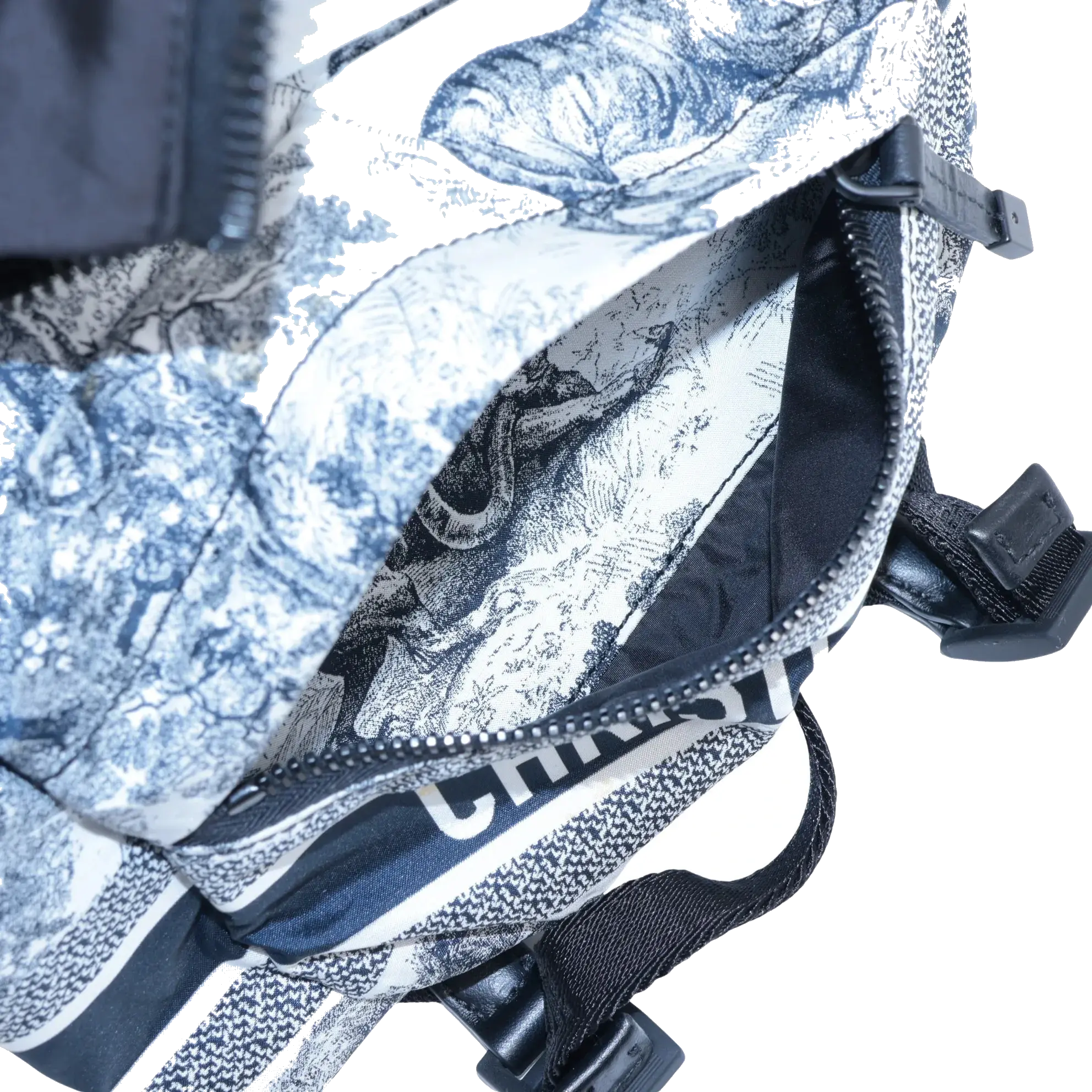 Pre-Loved DiorTravel Backpack Toile de Jouy Coated Canvas Medium with Black Hardware, White and Navy Blue