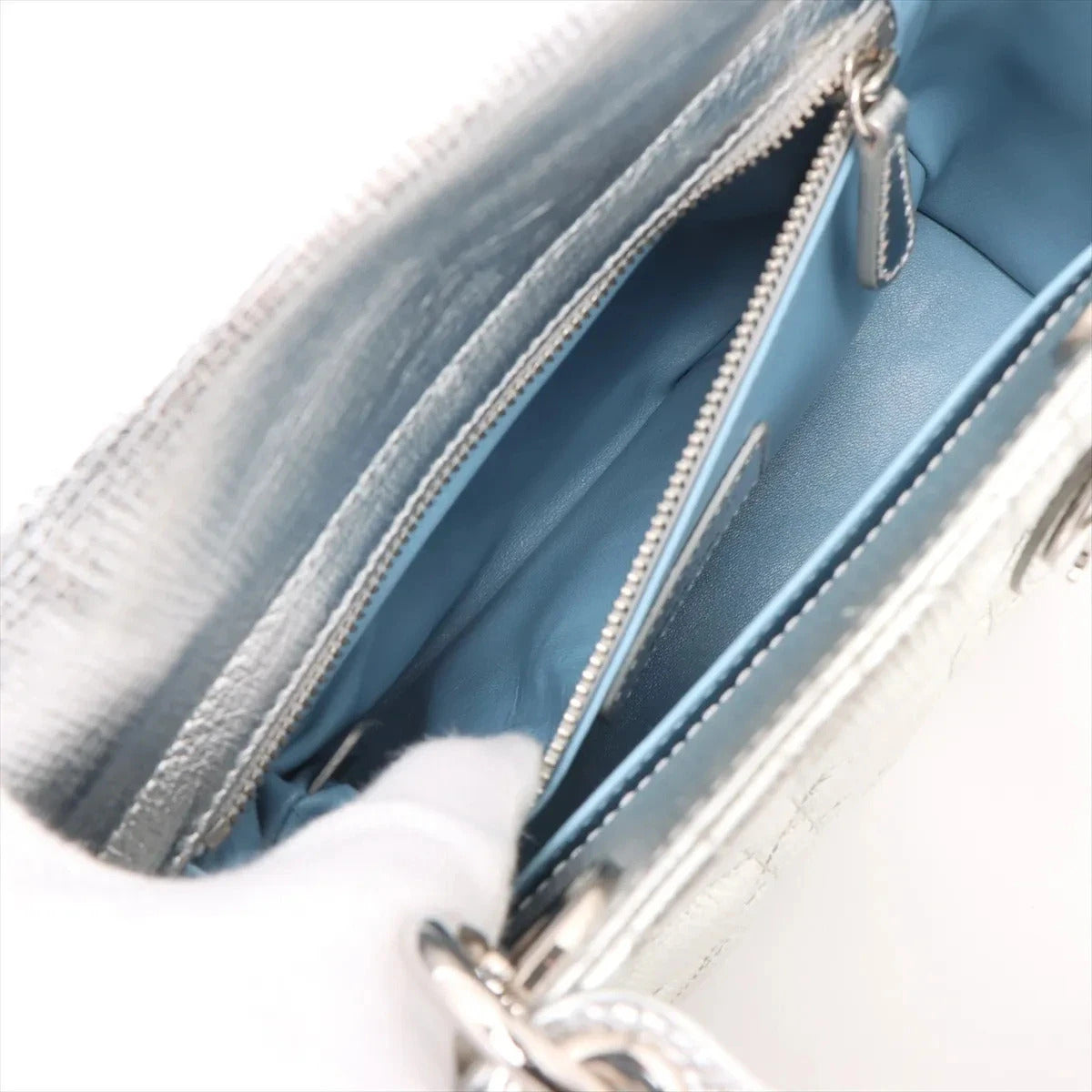 Pre-Loved Lady Dior Handbag Quilted Leather Mini with Silver Hardware, Silver