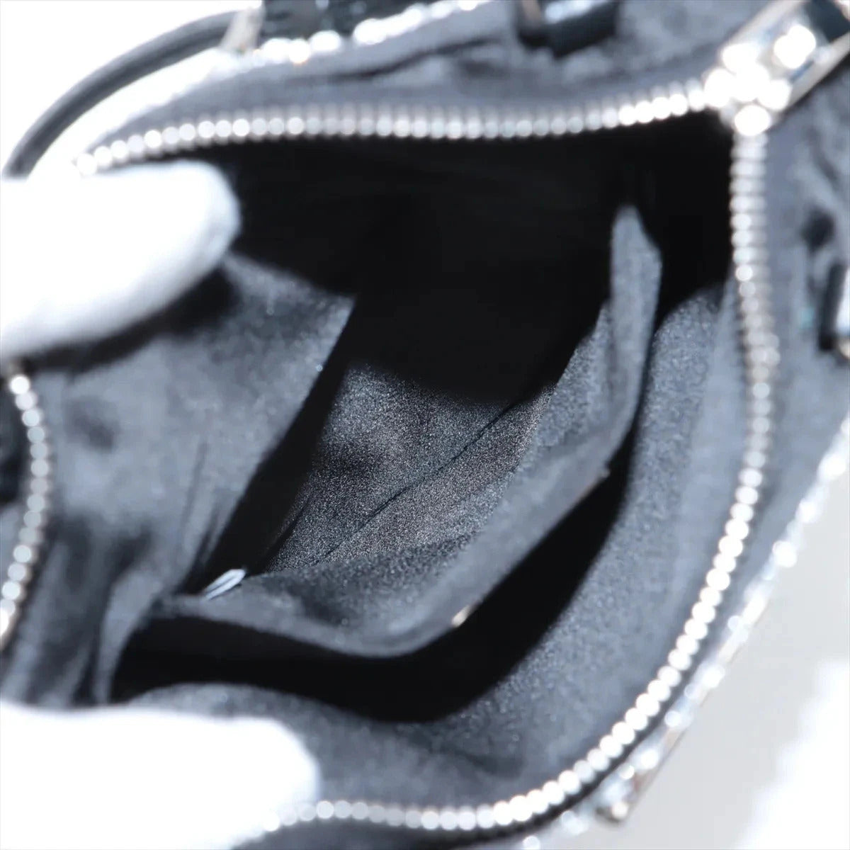 Pre-Loved Satin Crystal Tote Shoulder Bag Embellished Satin Small with Silver Hardware, Black