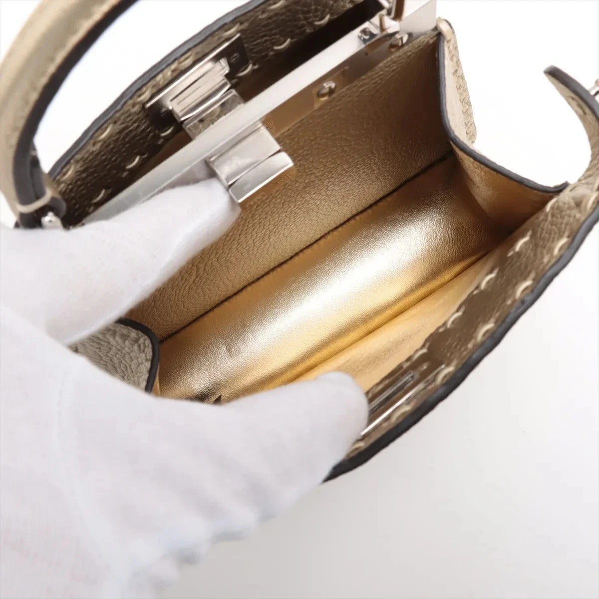 Pre-Loved Peekaboo Handbag Leather Mini with Silver Hardware, Gold