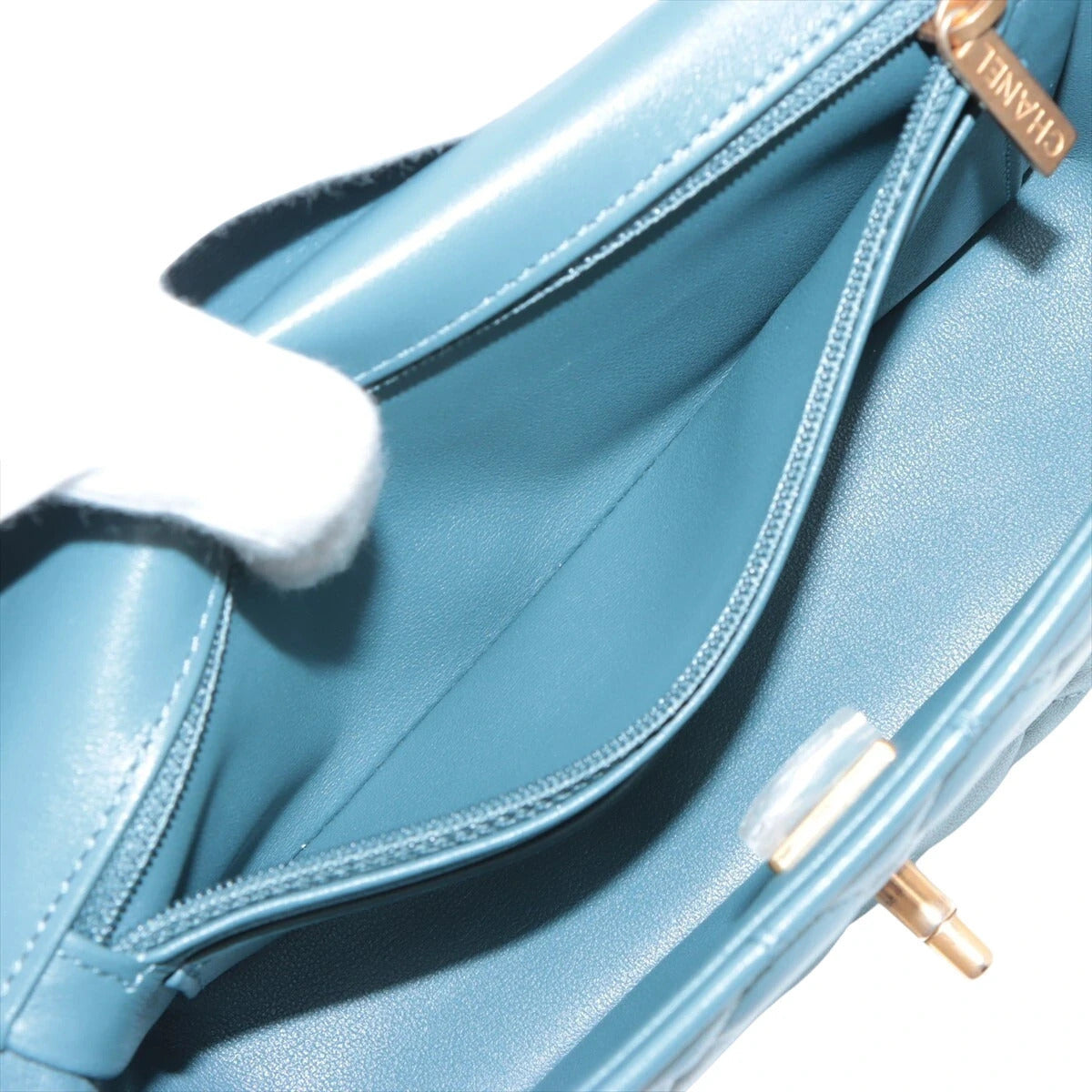 Pre-Loved Mini Flap Bag with Top Handle Handbag Quilted Leather Mini with Gold Hardware, Teal Blue