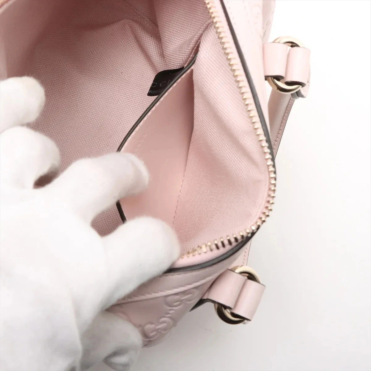 Pre-Loved Boston Bag Handbag Guccissima Leather Mini with Gold Hardware, Light Pink