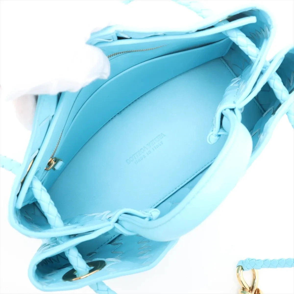Pre-Loved Andiamo Handbag Intrecciato Leather Small with Gold Hardware, Light Blue