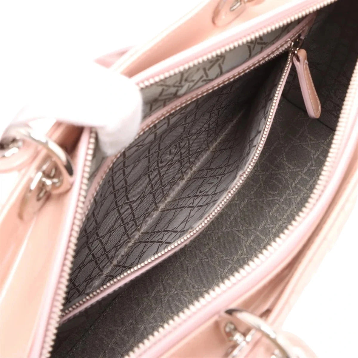 Pre-Loved Lady Dior Handbag Cannage Patent Leather Large with Silver Hardware, Pink