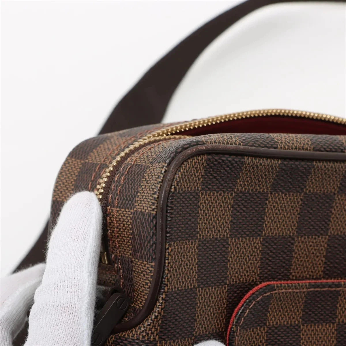 Pre-Loved Olav PM Crossbody Bag Damier Canvas Coated with Gold Hardware PM, Brown