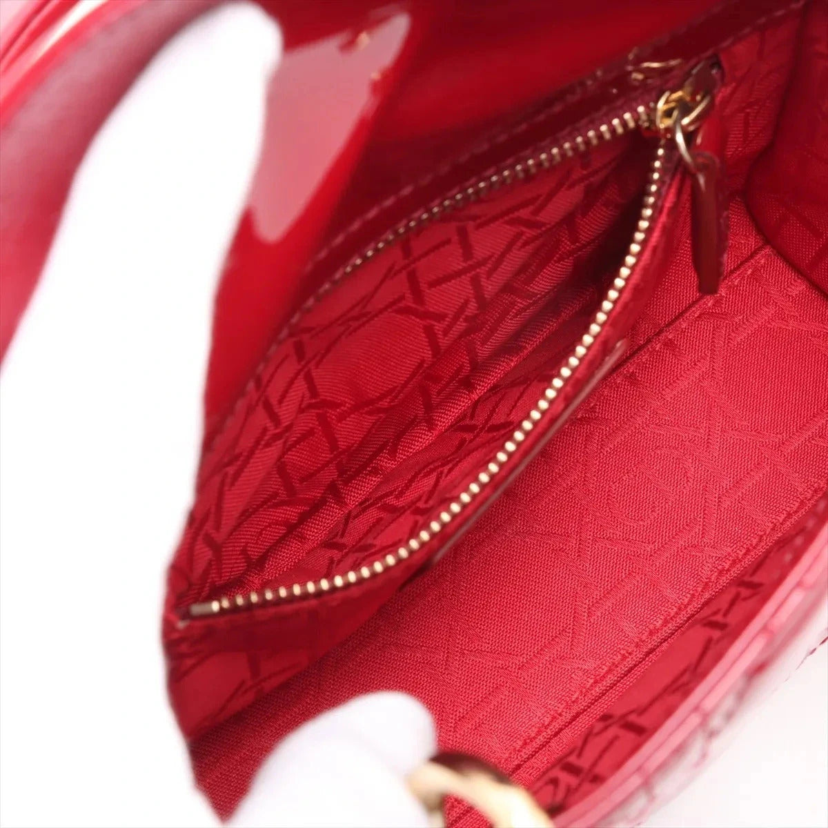 Pre-Loved Lady Dior Handbag Cannage Patent Leather Mini with Gold Hardware, Red