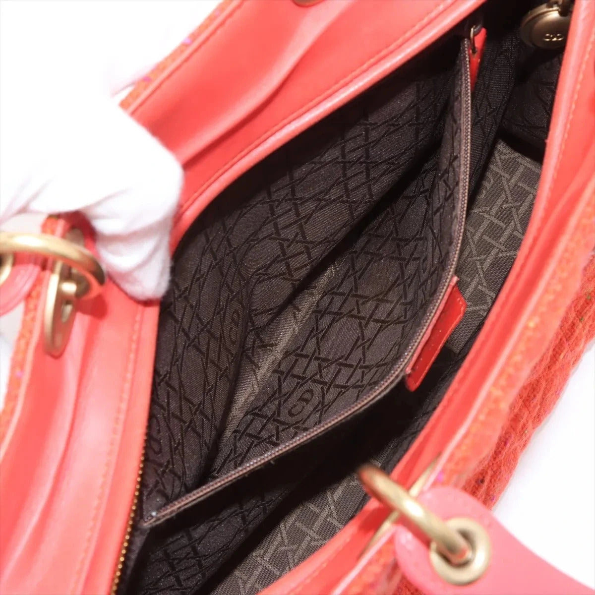 Pre-Loved Lady Dior Handbag Cannage Tweed Large with Gold Hardware, Red