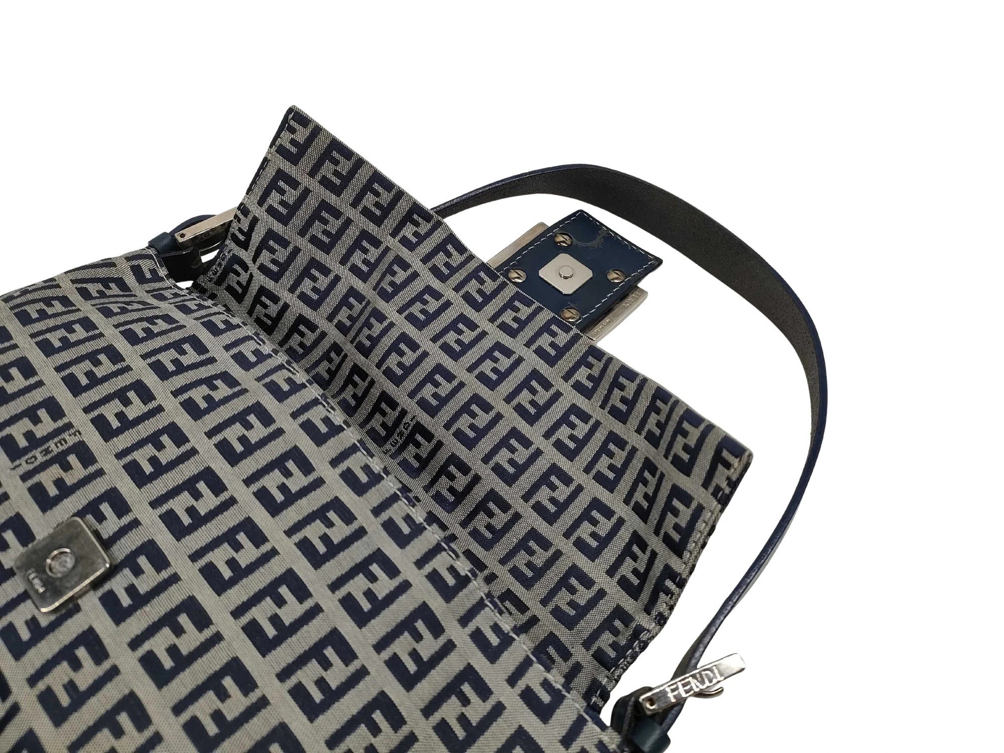Pre-Loved Mamma Baguette Shoulder Bag Zucchino Canvas Coated with Silver Hardware, Navy and Grey