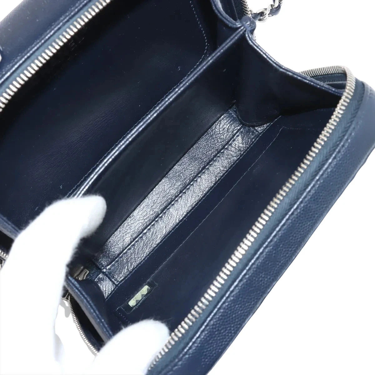 Pre-Loved CC Filigree Vanity Case Vanity Case Quilted Leather Small with Silver Hardware, Navy Blue with White Striped Trim