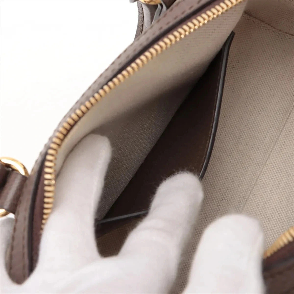 Pre-Loved Ophidia GG Mini Boston Handbag Monogram Coated Canvas Mini with Gold Hardware, Beige Ebony