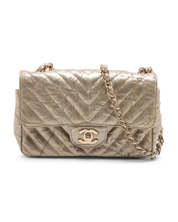 Pre-Owned Chanel Metallic Crumpled Chevron Quilted Mini Rectangular Flap